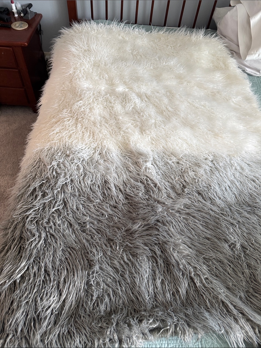 UGG Luxury Ombre Faux Fur Throw Blanket in White and Gray